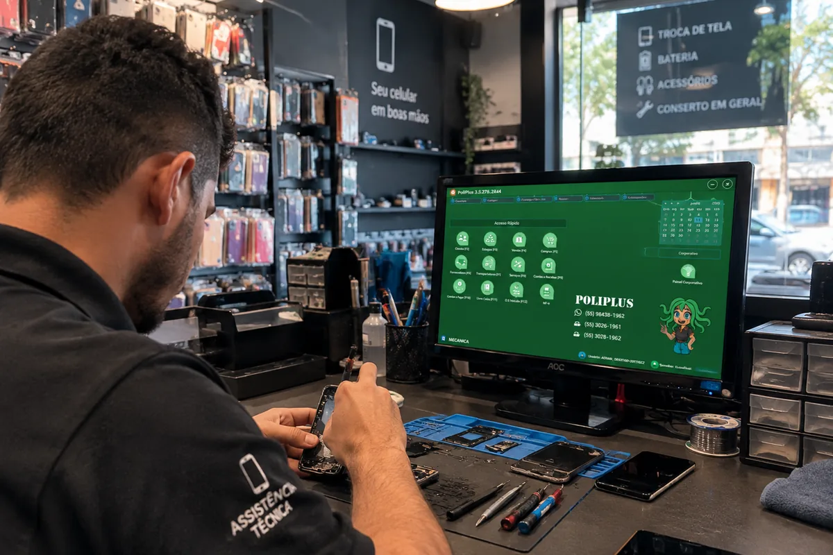 PoliDados em uso numa assistência de celular